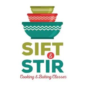 Sift and Stir Cooking and Baking Classes logo 3 bowls stacked atop one another
